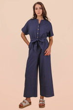 Women's Jumpsuit | Woven Linen Stripe - Navy