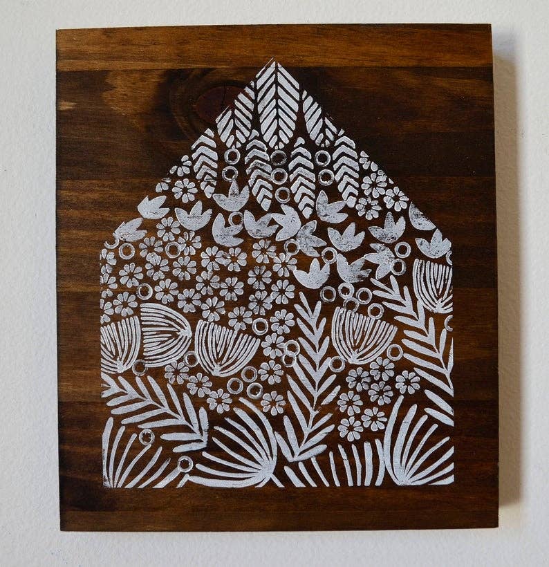 Home Decor/Art | House Wood Print - Smaller Hand-Carved Stamp Design