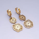 Sunburst Statement Earrings | Stainless Steel Double Open CZ Sunburst Lined Geometric Drop Huggie