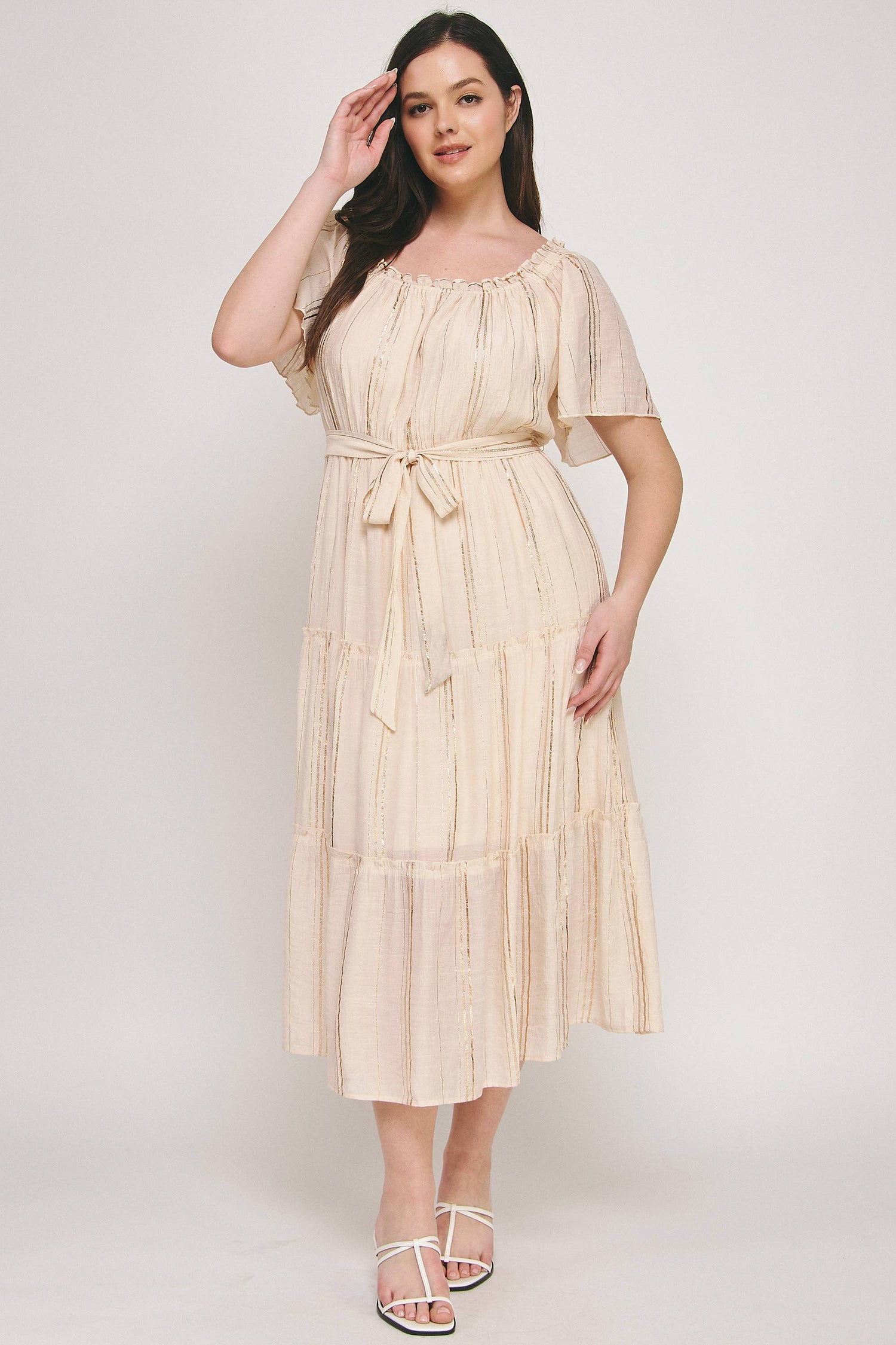 CURVY MAXI DRESS | CREAM + GOLD RUFFLE TIERED