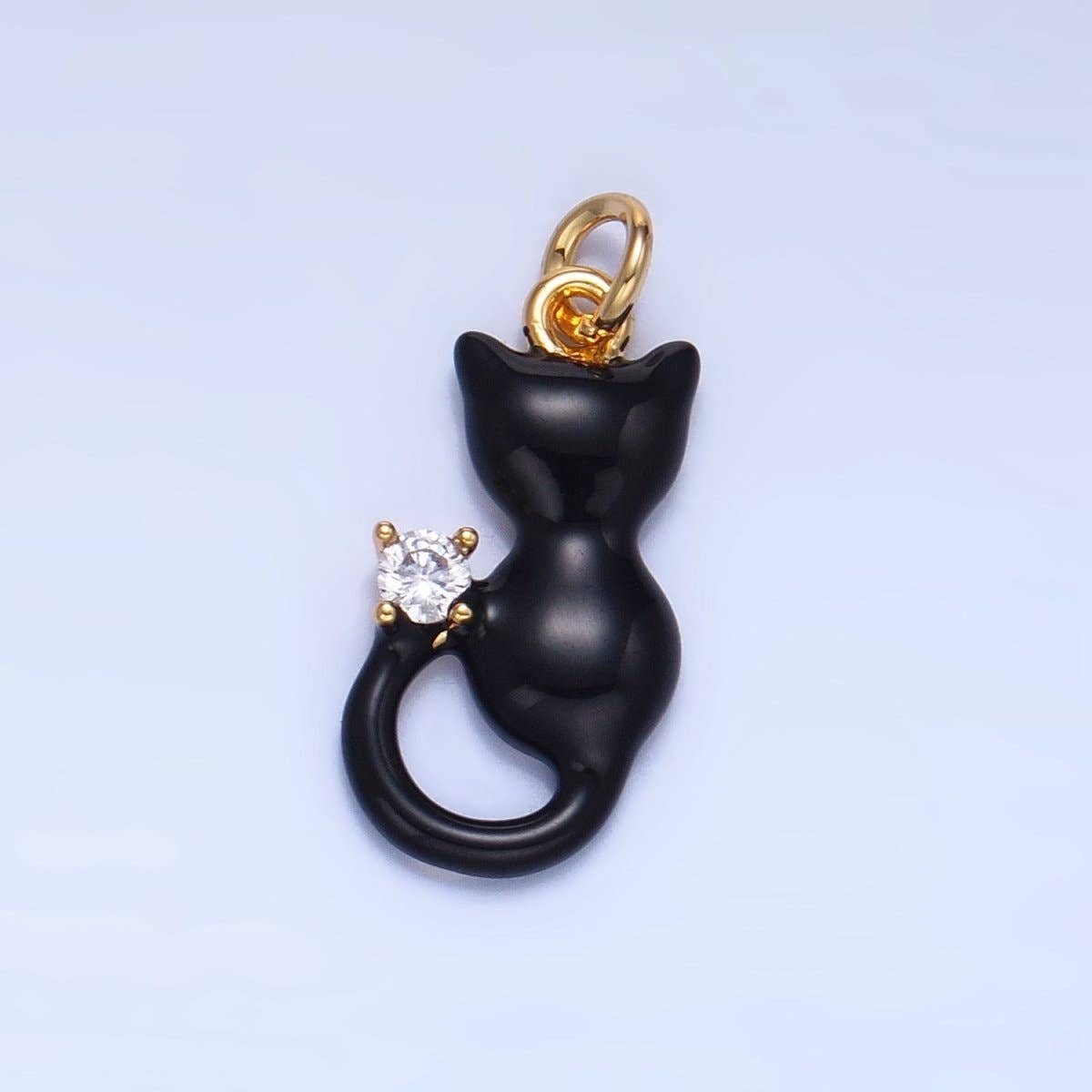 24K Gold Filled Black, White, Pink Enamel CZ Kitten Cat Pet Animal Charm | W009 - W010: Black