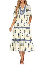 Midi Dress | Cotton Blue Folk Floral Print Woven Tiered