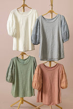 Mineral Washed Cotton Top | Puffed Sleeve