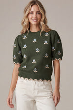 Women's Sweater | Half Sleeve Flower Embroidery Top