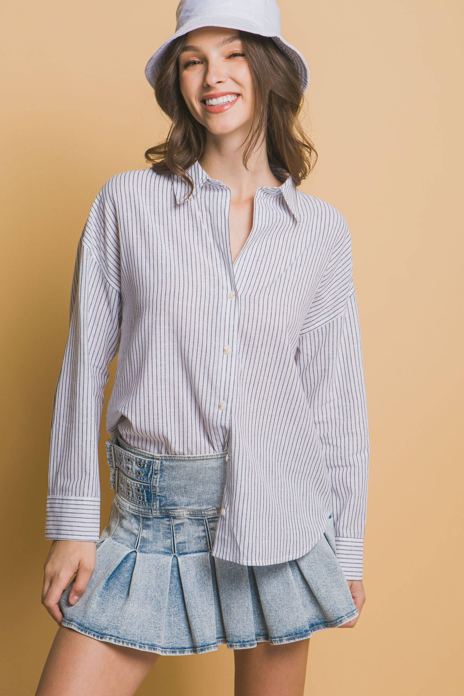 Long-Sleeved Linen Top | Buttoned Stripe Linen Shirt
