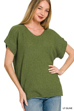 Center Seam Short Sleeve Sweater w/ Side slits - Army Green