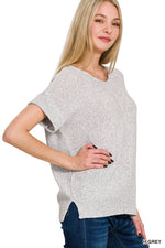 Center Seam Short Sleeve Sweater w/ Side slits