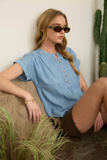 Women's Top | CHAMBRAY HENLEY RUCHED SHOULDER SHORT SLEEVE