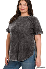 Curvy Top | Acid Wash Raw Edge Short Cuff Sleeve Pullover