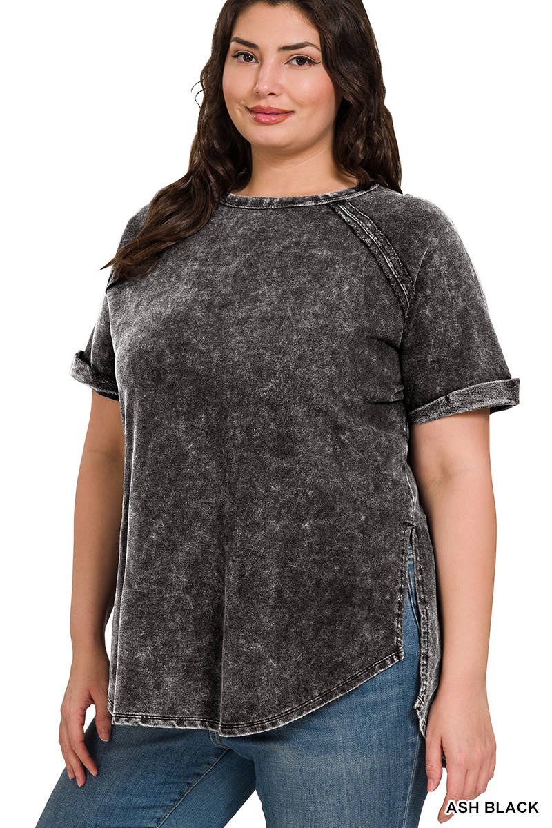 Curvy Top | Acid Wash Raw Edge Short Cuff Sleeve Pullover