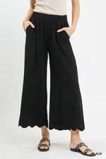 Wide Leg Pants | Linen Blend Scallop Hem - Blue or Black