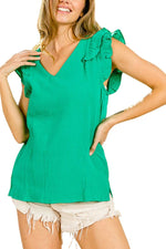 Ruffle Edged Wrinkle Gauze V-Neck Top - Black