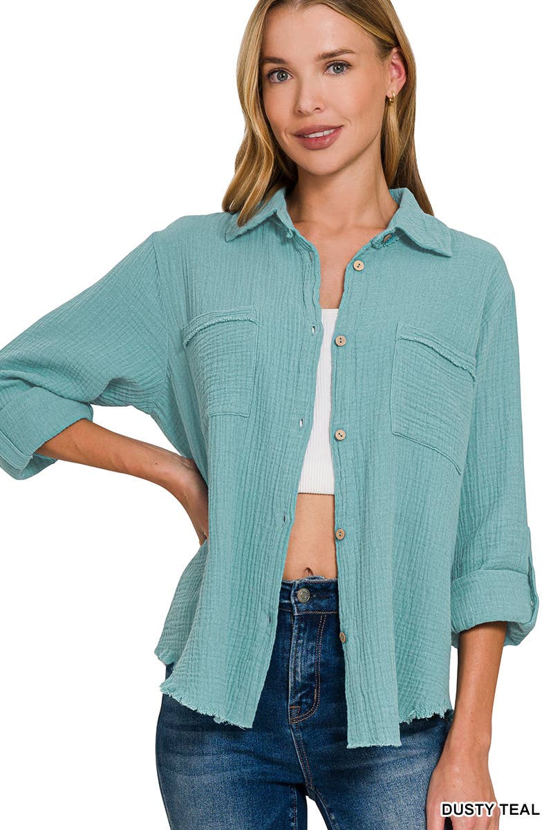 Long-Sleeved Gauze Top | Double Gauze Button Down Roll Up Long Sleeve Shirt