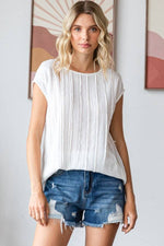 Oversized Blouse | Solid Textured Cap Sleeve Pullover - WHITE