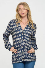 Women's Cardigan | CAT WITH BOW PRINT - NAVY