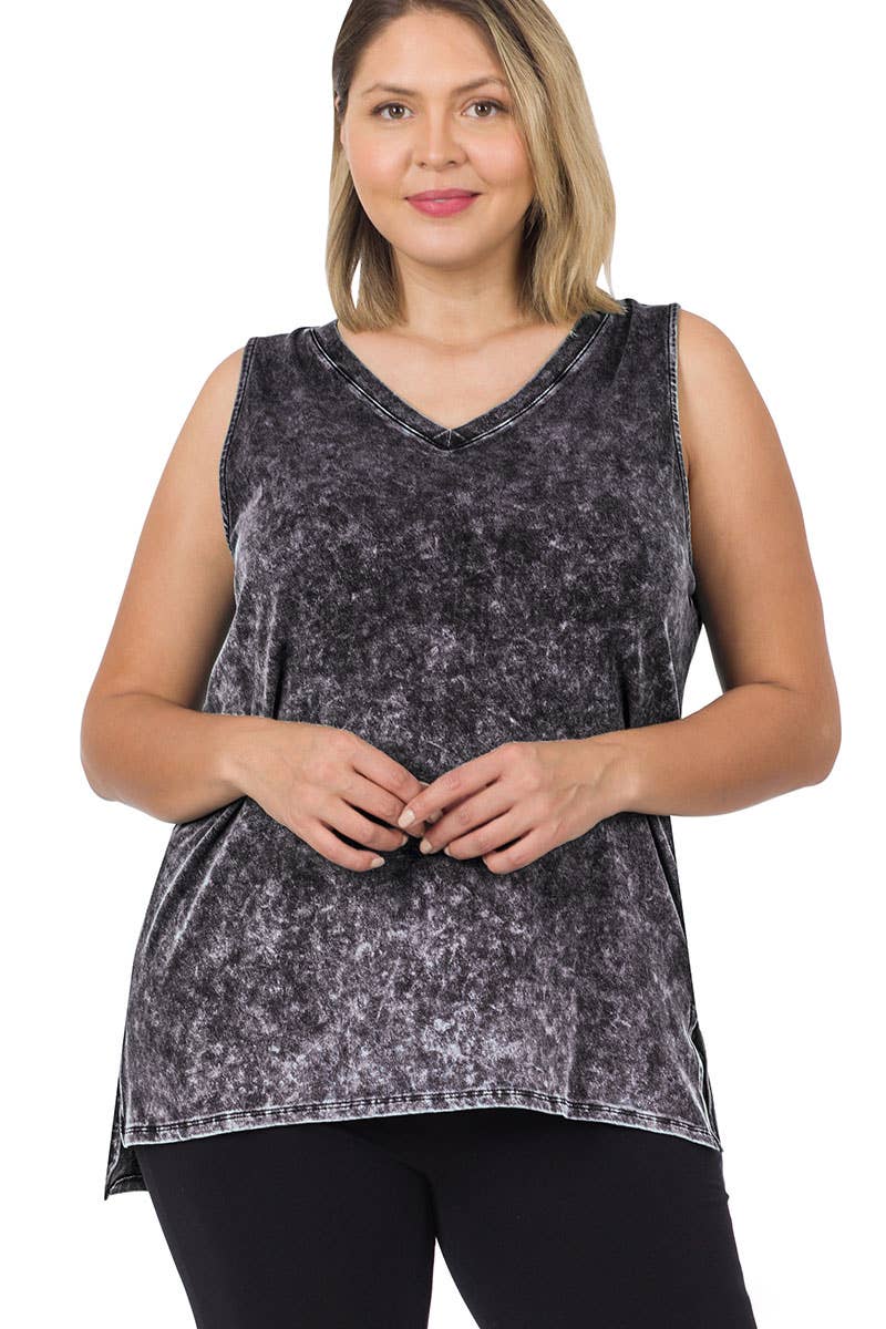 Curvy Sleeveless | Mineral Wash Top w/ Side Slit