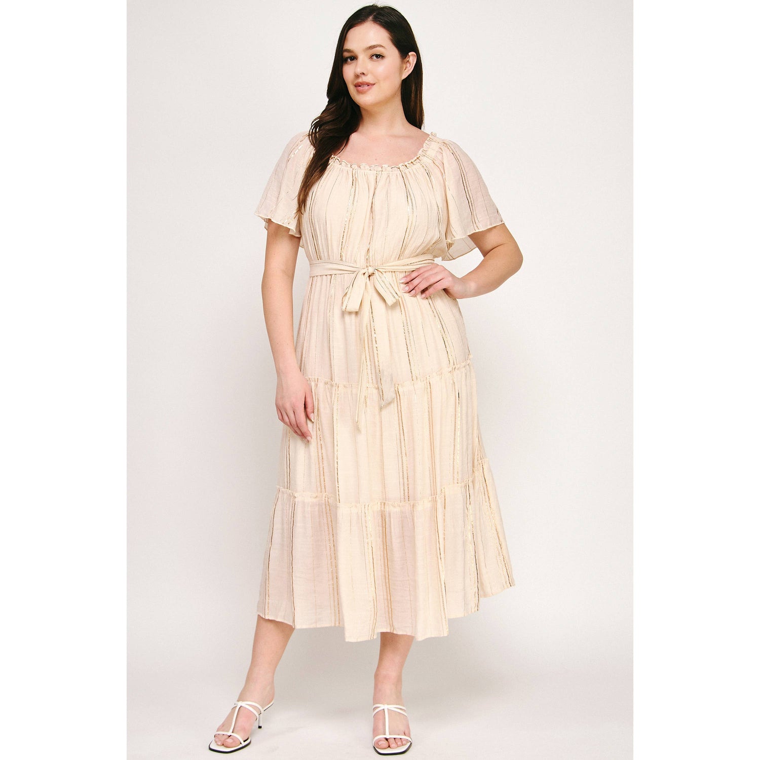 CURVY MAXI DRESS | CREAM + GOLD RUFFLE TIERED