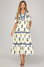 Midi Dress | Cotton Blue Folk Floral Print Woven Tiered