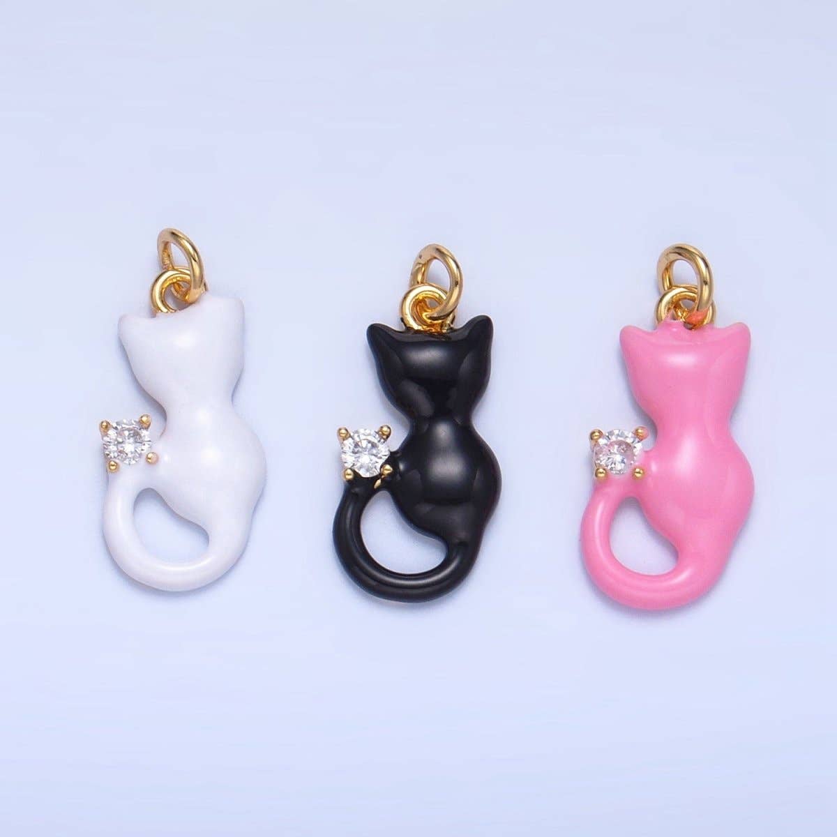 24K Gold Filled Black, White, Pink Enamel CZ Kitten Cat Pet Animal Charm | W009 - W010: White