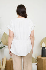 CURVY LINEN BLOUSE | SPLIT NECK RUCHED SLEEVE & BACK LINEN