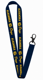 A navy blue fabric lanyard with repeating yellow 'ALHAMBRA Dogs' text and dog head logos, attached to a black metal lobster clasp, shown on a plain white background.
