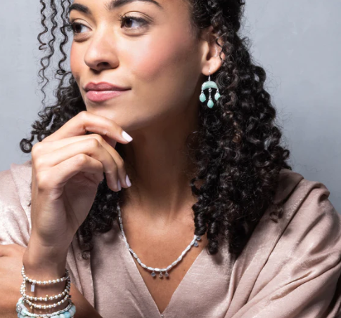 Stone Crecent Drop Chandelier Earrings | Rose Quartz