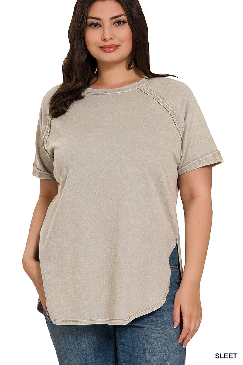 Curvy Top | Acid Wash Raw Edge Short Cuff Sleeve Pullover