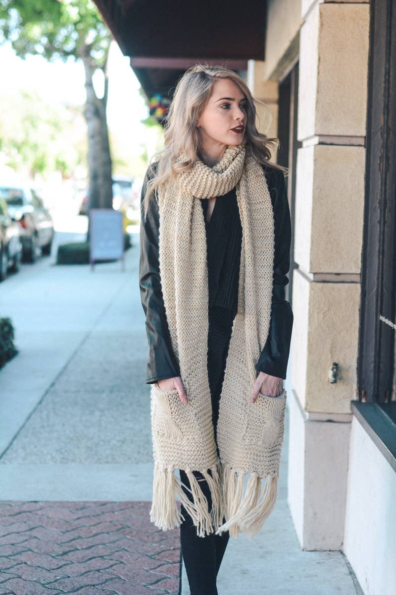 Chunky Pocket Oversized Scarf | Two Pocket Tassel - Ivory