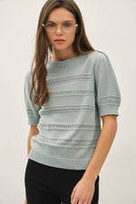 Women's Short Sleeve Sweater | Crochet Striped Puff Sleeve Sweater