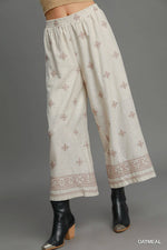 Linen Aztec Embroidered Wide Leg Pants