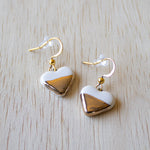 Ceramic Earrings | White and Gold Dangle Hook Small Hearts