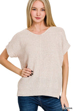 Center Seam Short Sleeve Sweater w/ Side slits