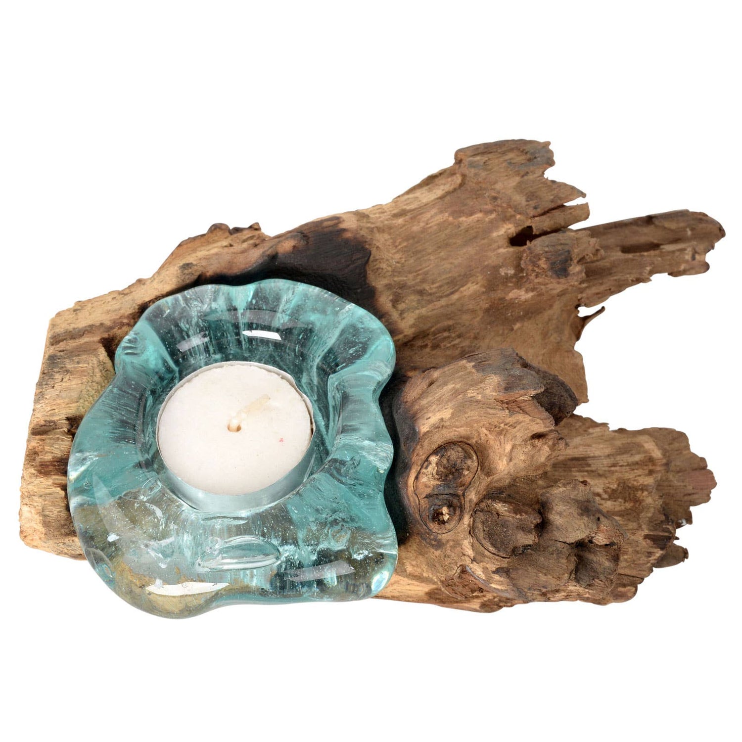 Candle Holder | Single Molten Glass In Natural Wood