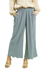 Wide Leg Pants | Linen Blend Scallop Hem - Blue or Black