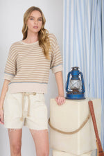 Women's 3/4 Sleeve Length Sweater | STRIPE RAW EDGE DETAIL