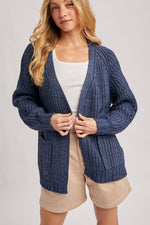 Women's Cardigan | Chunky Pointelle Open Front - Navy
