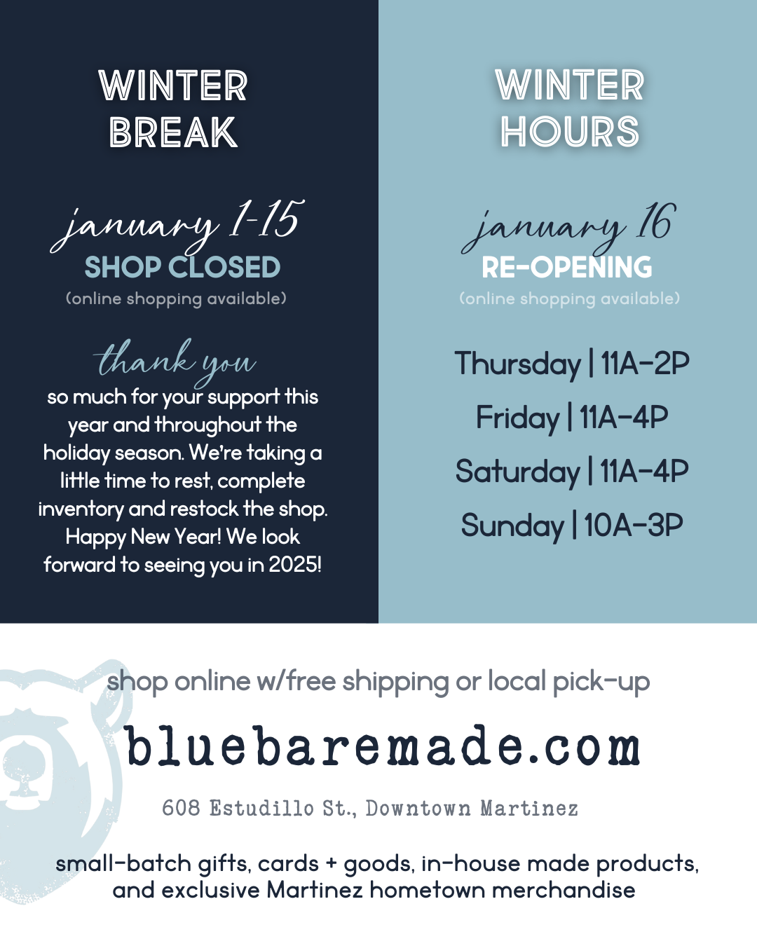 Winter Break Closure + Hours