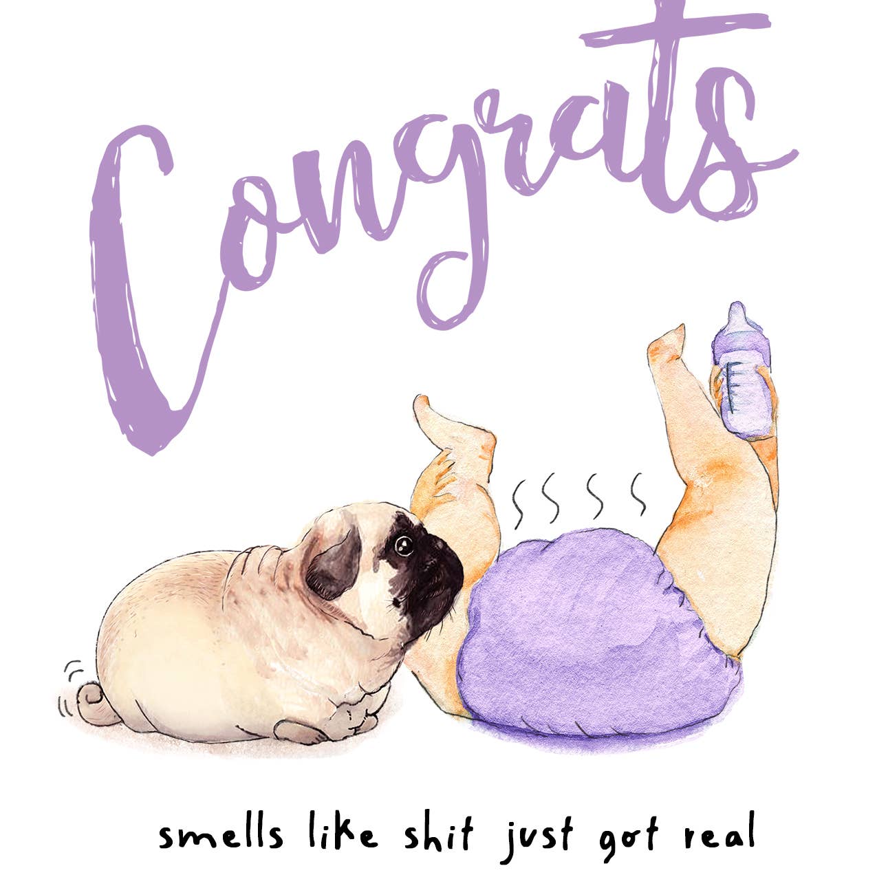 New Baby Card | Shit Just Got Real Pug Congrats