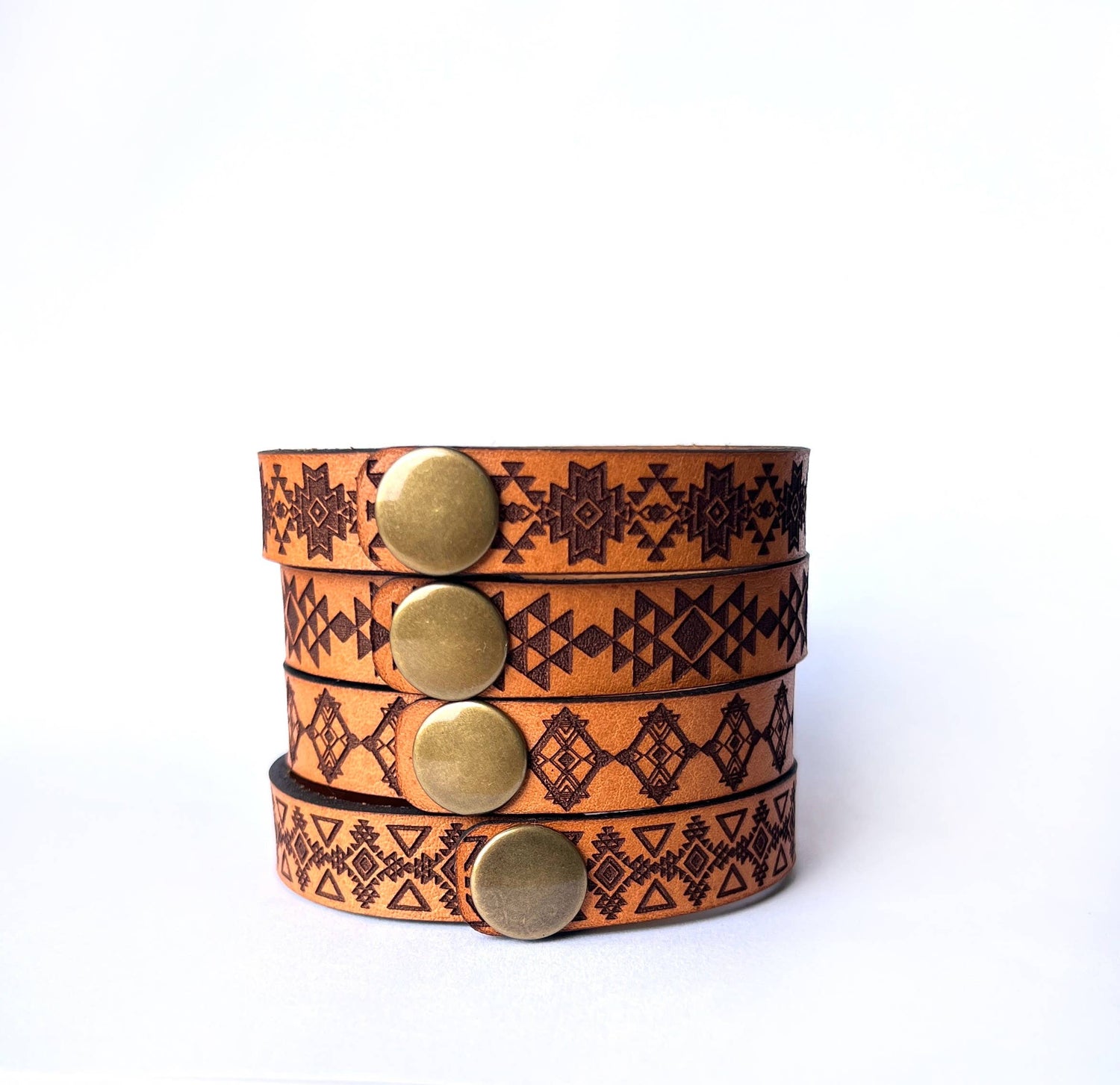 Men's Western Boho Engraved Leather Bracelet Cuff - Snap