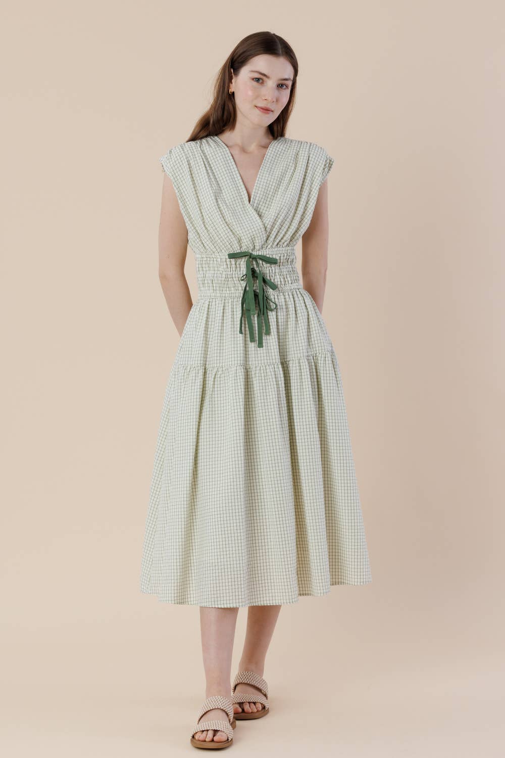 Midi Cotton Dress | Gingham Plaid Surpliced Front Bow Tie