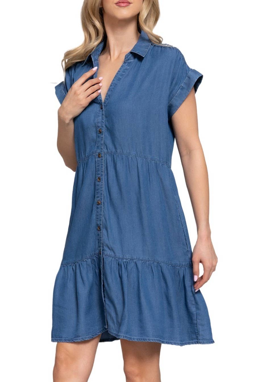 Denim Dress | Short Slv Ruffle Tencel Knee-Length Dress