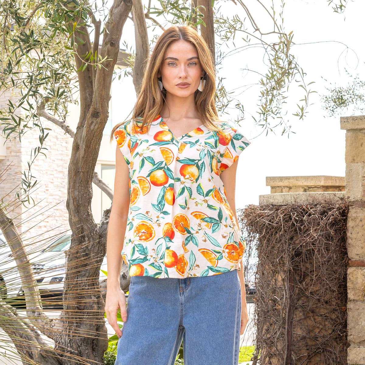 Blouse | V-Neck Orange Fruit Floral Printed