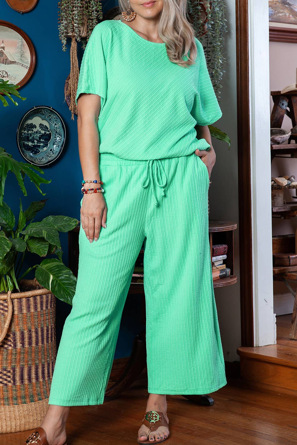 Curvy Loungewear Set | Plus Size Textured Tee and Wide Leg Pants Set