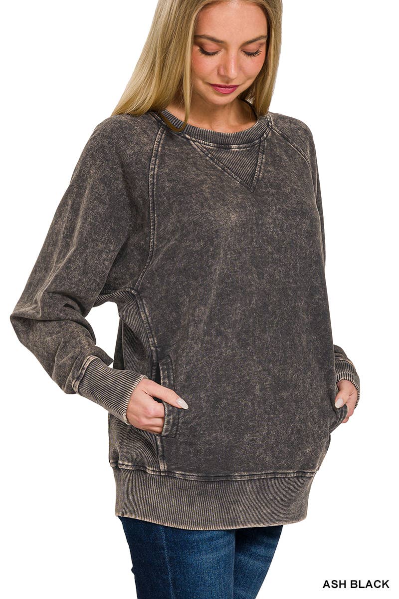 Women's Sweatshirt | Acid Washed French Terry Pullover With Pockets