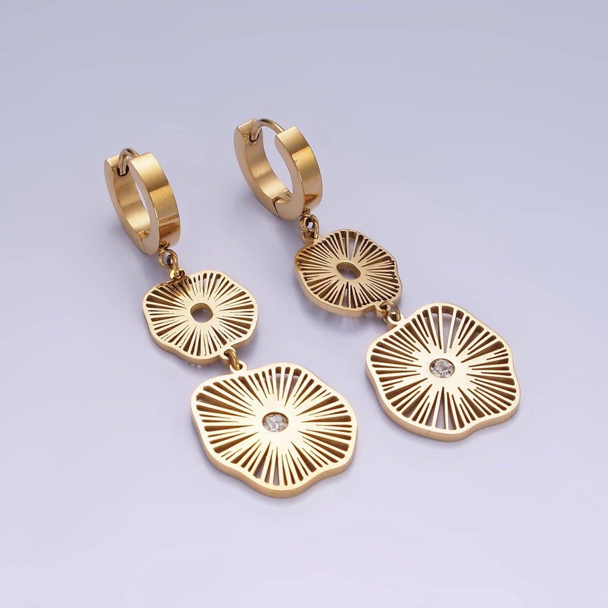Sunburst Statement Earrings | Stainless Steel Double Open CZ Sunburst Lined Geometric Drop Huggie