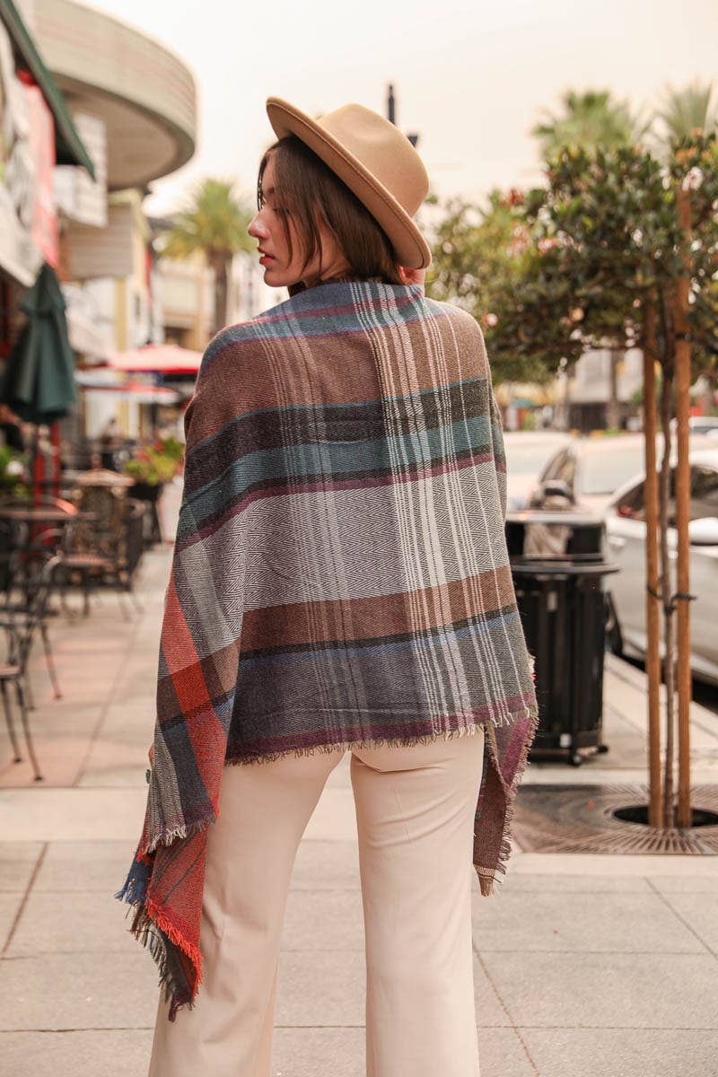 Wrap Ruana Shawl | Multicolor Plaid Pocket - Rust