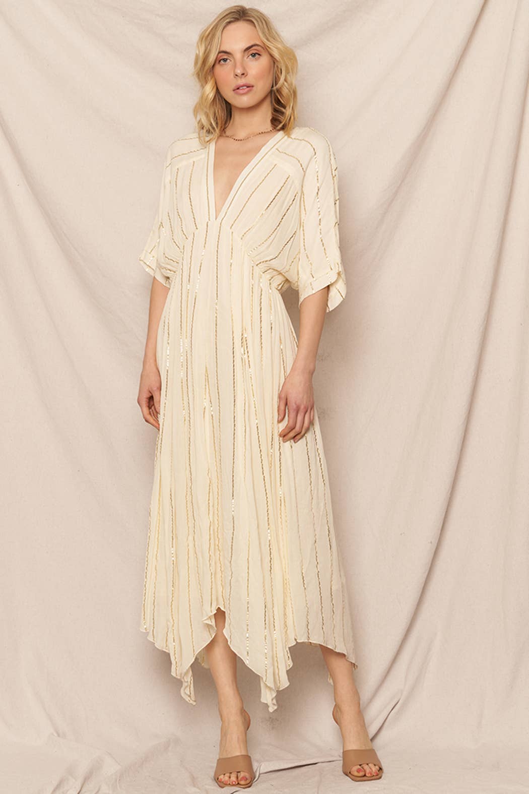 Dress | Metallic Striped Cream Midi Dress