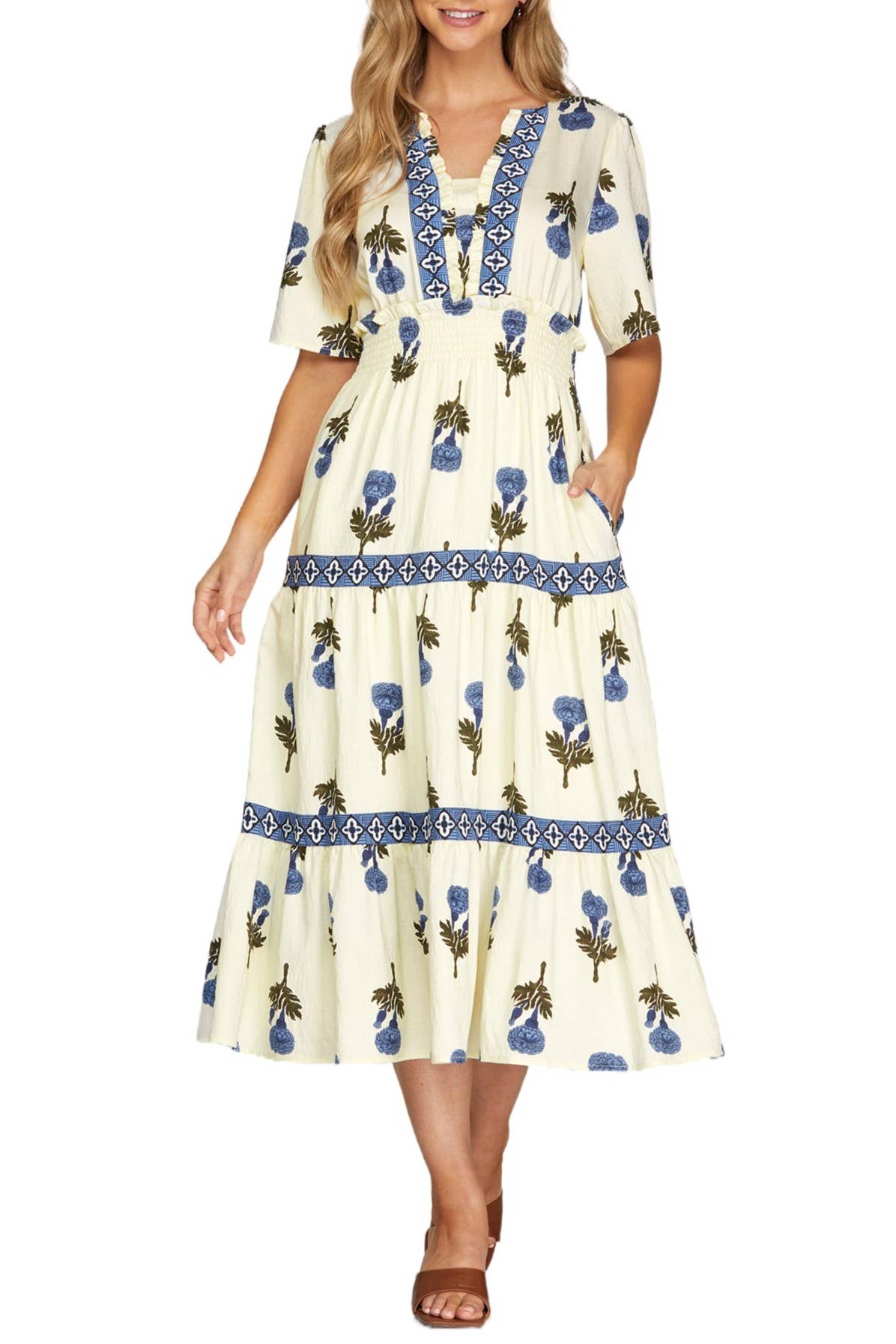 Midi Dress | Cotton Blue Folk Floral Print Woven Tiered