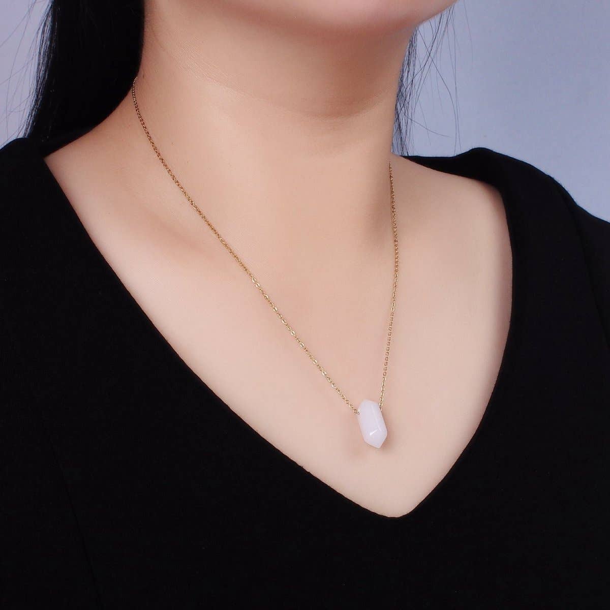 Handmade Necklace | Stainless Steel Clear Quartz Gemstone 17" Cable Chain