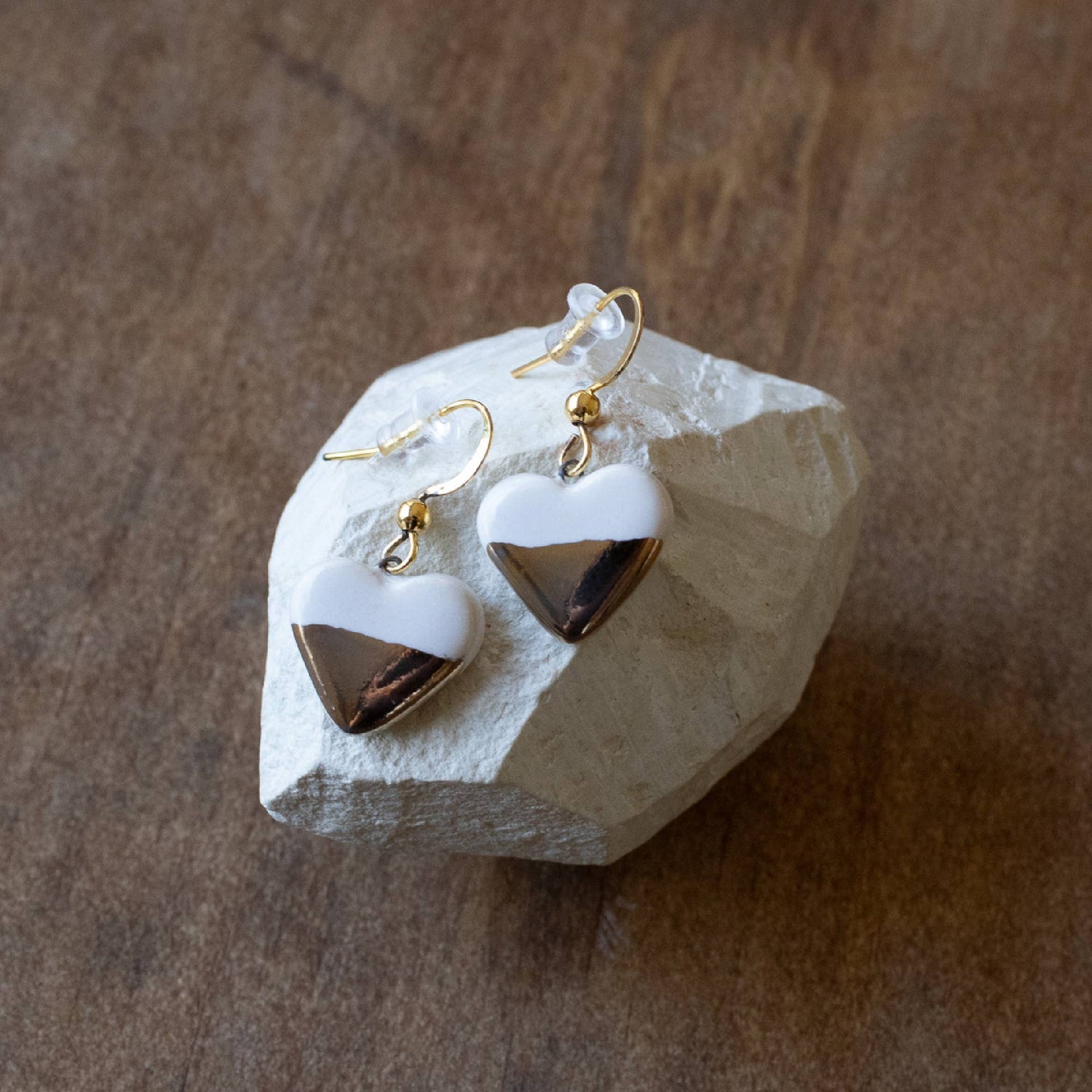 Ceramic Earrings | White and Gold Dangle Hook Small Hearts